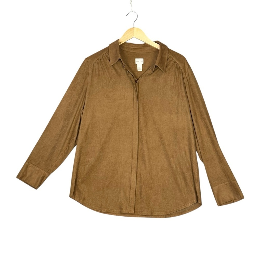 Chico’s Brown Faux Suede Shirt Womens L Button Up Long Sleeve Western Cowgirl 2